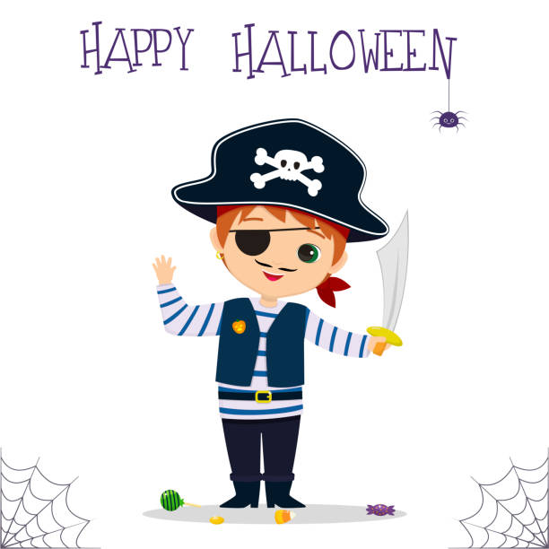 ilustrações, clipart, desenhos animados e ícones de festa de halloween. um menino irlandês bonito vestido de pirata, segurando uma espada, doces e pirulitos, uma aranha e uma teia. cartão postal, ilustração vetorial. - spider web halloween corn pumpkin
