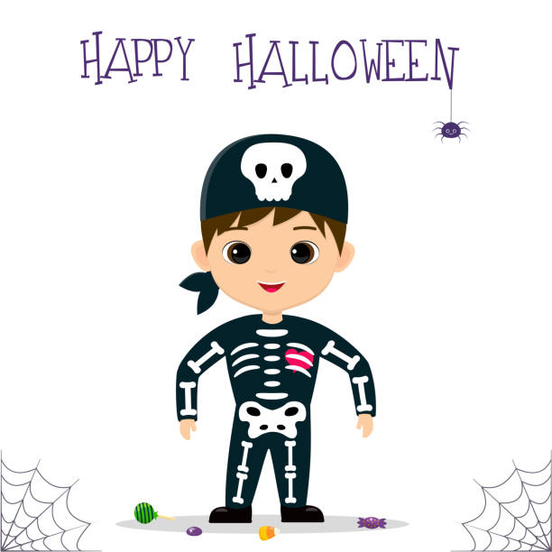 ilustrações, clipart, desenhos animados e ícones de festa de halloween. menino bonito vestido como um esqueleto, doces e pirulitos, aranha e teia de aranha. cartão postal, ilustração vetorial. - spider web halloween corn pumpkin