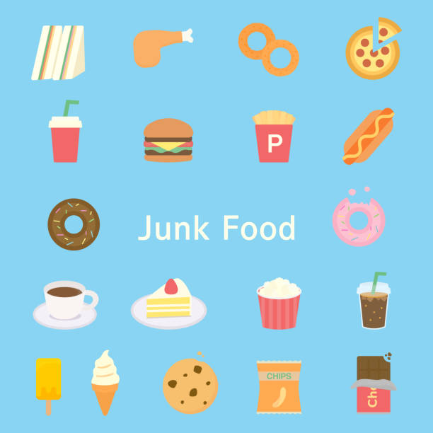 illustrations, cliparts, dessins animés et icônes de ensemble d’illustrations de malbouffe simple et mignon - unhealthy eating