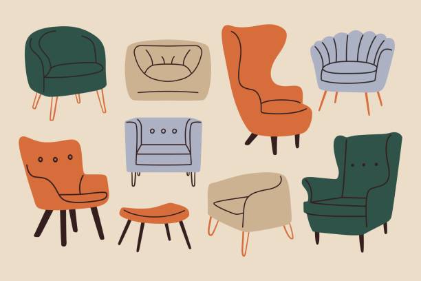 illustrations, cliparts, dessins animés et icônes de ensemble de meubles modernes doodle. chaises confortables style contemporain du milieu du siècle, fauteuils vectoriels, décoration de la pièce design d’intérieur - furniture