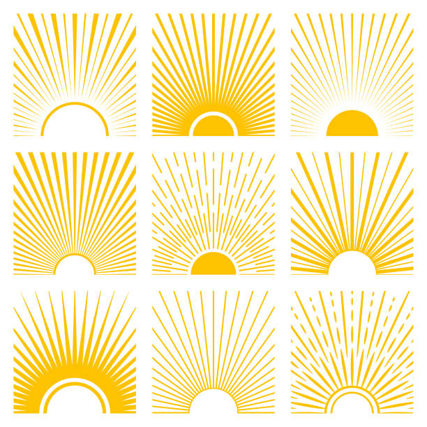 Sun Sunrise and sunset. Square design elements. sunbeam stock illustrations
