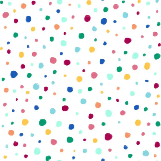Vector illustration of Watercolor Multicolored Circles  Abstract Seamless Pattern.  Hand Drawn Childish Background. Birthday party flyer template. Design element for sale banners, posters, labels, invitation cards and gift wrapping paper.