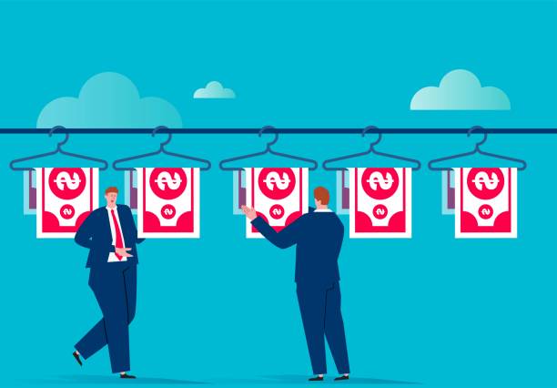 illustrazioni stock, clip art, cartoni animati e icone di tendenza di uomo d'affari ha messo soldi su un gancio, illustrazione concetto di business - hanging clothesline businessman people