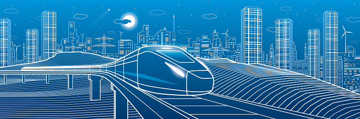 Modern night town, neon town. Train rides. City Infrastructure and transport illustration. Urban scene. Vector design art. White lines on blue background