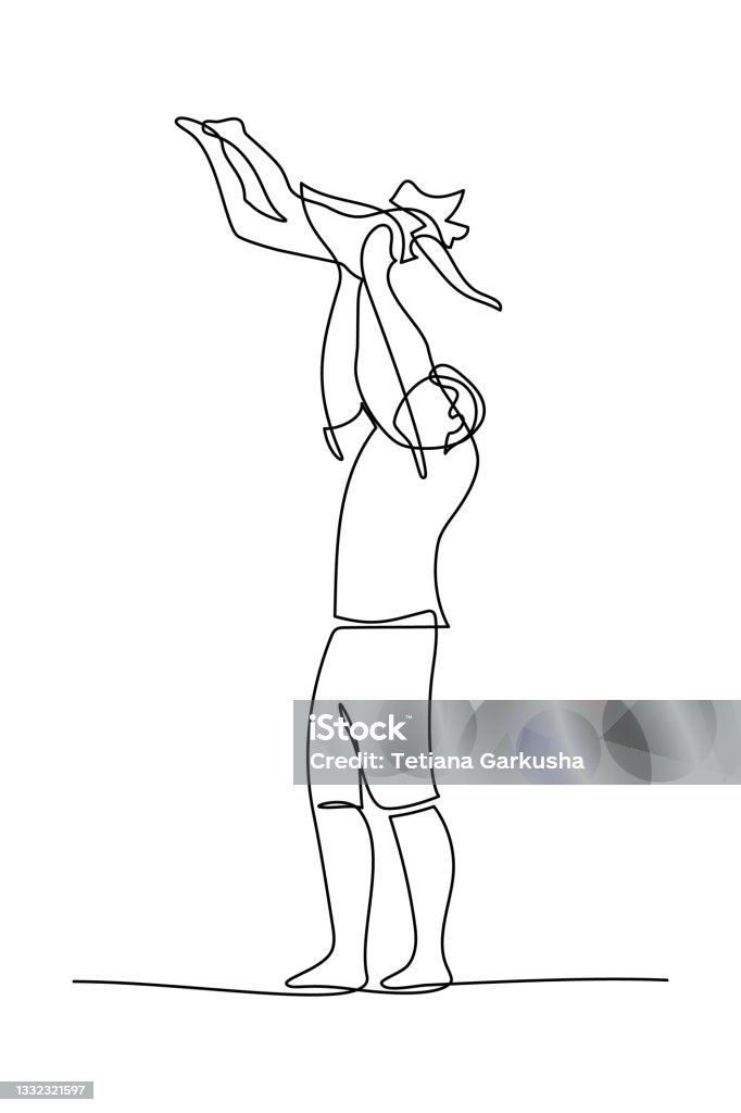 Father playing with daughter Happy dad playing with daughter in continuous line art drawing style. Father holding his female child up in the air. Minimalist black linear sketch isolated on white background. Vector illustration Father stock vector