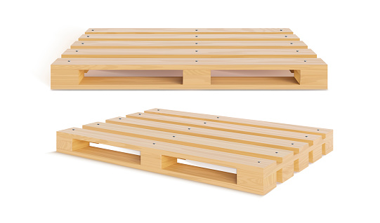 Realistic Detailed 3d Wooden Pallet Set Front and Side View for Transportation and Shipping. Vector illustration