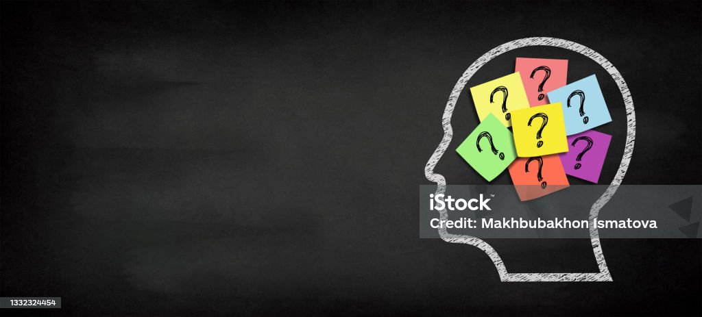 Human brain and question mark concept with copy space on chalkboard Human brain and question mark concept with copy space on chalkboard, mental health and problems with memory, think outside the box concept Memories Stock Photo
