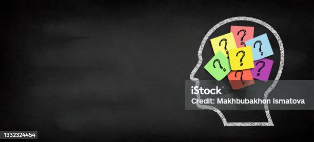 Human Brain And Question Mark Concept With Copy Space On Chalkboard Stock Photo - Download Image Now