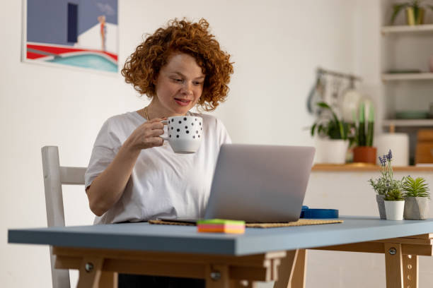 istock Beautiful young Caucasian woman working from home using laptop 1332327286