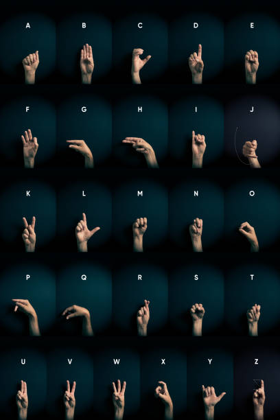 Dramatic colour image of male hands demonstrating all ASL American sign language alphabet letters A-Z with empty copy space for editors