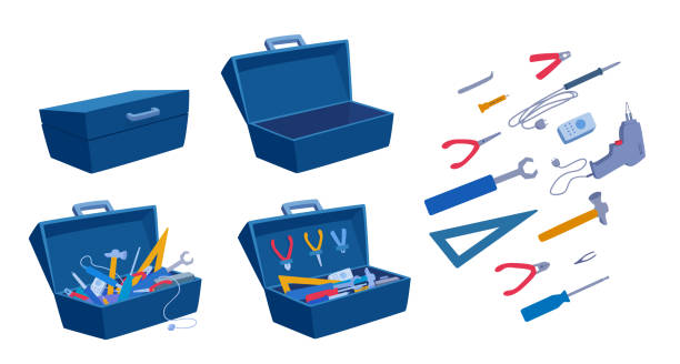ilustraciones, imágenes clip art, dibujos animados e iconos de stock de una caja de herramientas vacía y llena. herramientas de trabajo, caja abierta y cerrada, iconos de colección de instrumentos. - tool box