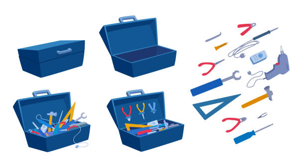 ilustrações de stock, clip art, desenhos animados e ícones de an empty and a full toolbox. working tools, open and closed box, instrument collection icons. - toolbox