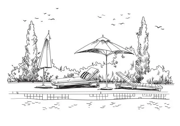 Vector illustration of By the pool. Black and white quirky sketch of sunbeds by the pool