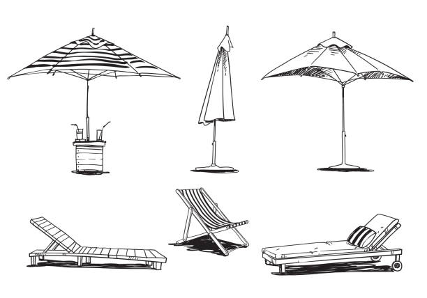 набор шезлонгов и зонтиков caise lognue, векторный рисунок линии мебели для бассейна и пляжа - outdoor chair illustrations stock illustrations