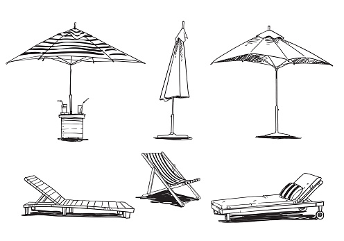 set of caise lognue chairs  and umbrellas, pool and beach  furniture vector line drawing