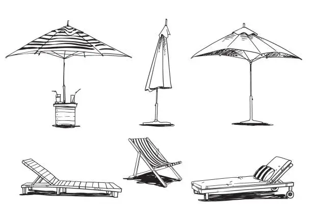 Vector illustration of set of caise lognue chairs  and umbrellas, pool and beach  furniture vector line drawing