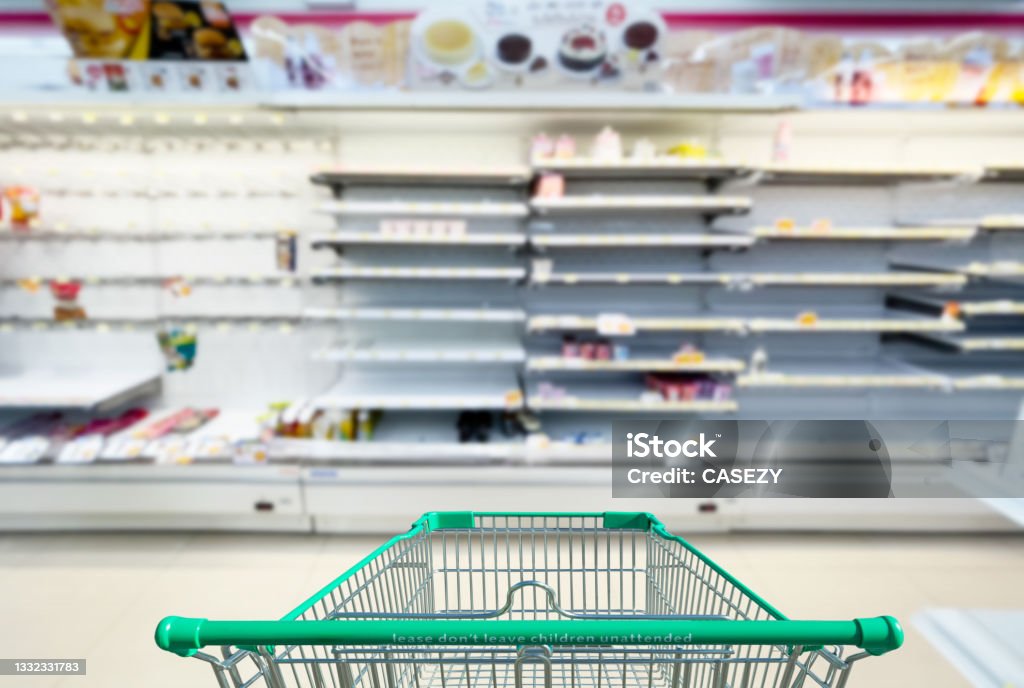 Empty shelves in supermarket store due to novel coronavirus covid-19 outbreak panic in thailand. Food Stock Photo