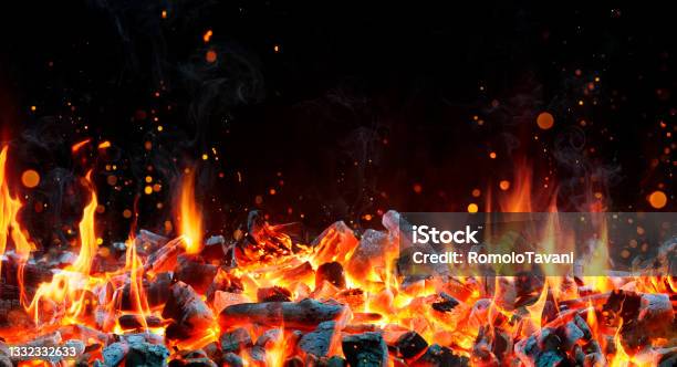 Charcoal For Barbecue Background With Flames Stock Photo - Download Image Now - Barbecue Grill, Coal, Barbecue - Meal