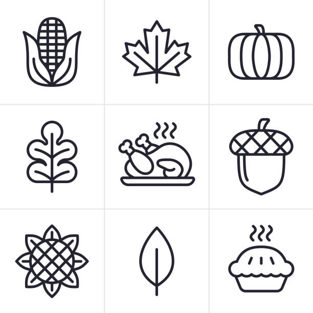 ilustraciones, imágenes clip art, dibujos animados e iconos de stock de símbolos de icono de línea de acción de gracias de otoño - roast chicken illustrations