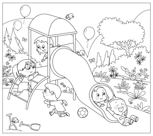 Black And White,  Kids playing together outside on the playground Vector Black And White,  Kids playing together outside on the playground kids coloring pages stock illustrations