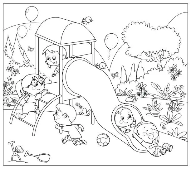 Vector illustration of Black And White,  Kids playing together outside on the playground