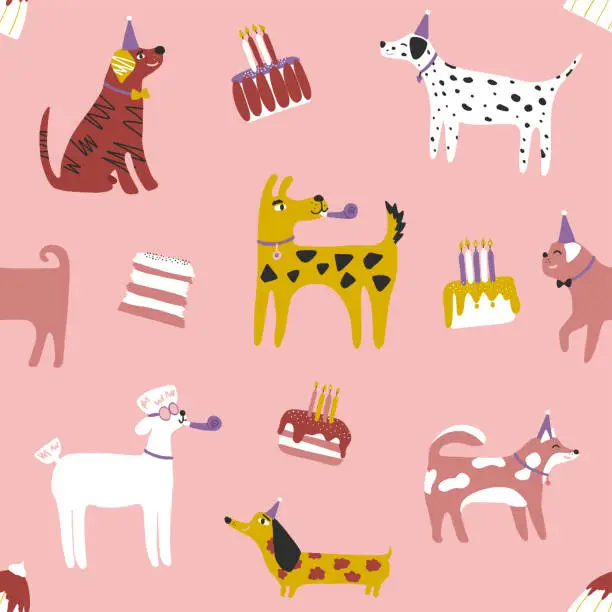 Vector illustration of Seamless pattern with cute dogs in birthday hats with cakes: dachshund, jack russell, terrier, doberman. Animal pattern, perfect for kids textile, nursery decor, fabric, wrapping paper. Vector illustration.