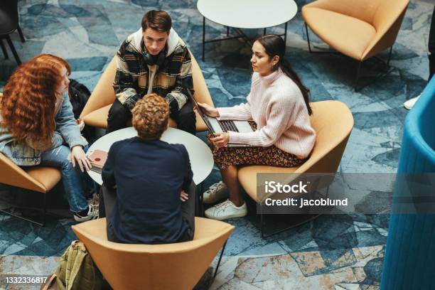 Students Doing Group Study In College Campus Stock Photo - Download Image Now - Student, Denmark, Talking