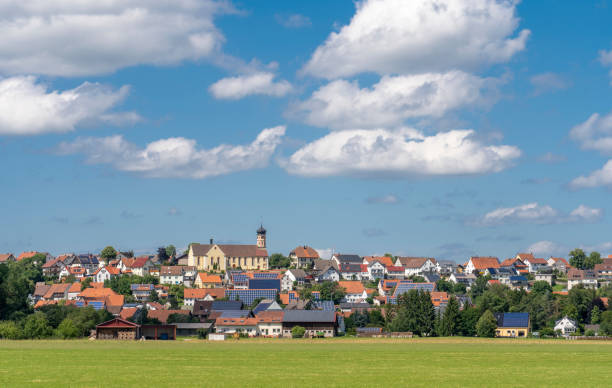 village of Schwenningen on the Swabian Albwith many solar roofs and powerful concept of renewable energy