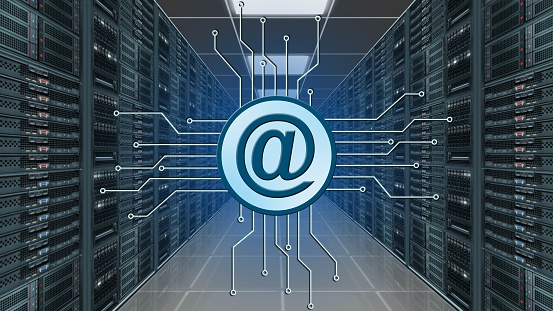 AT logo between information connecting lines - data server room as background - Internet technology concept - Software Computer Program - 3D illustration