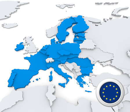 Highlighted European union after brexit 2020 on map of europe with national flag