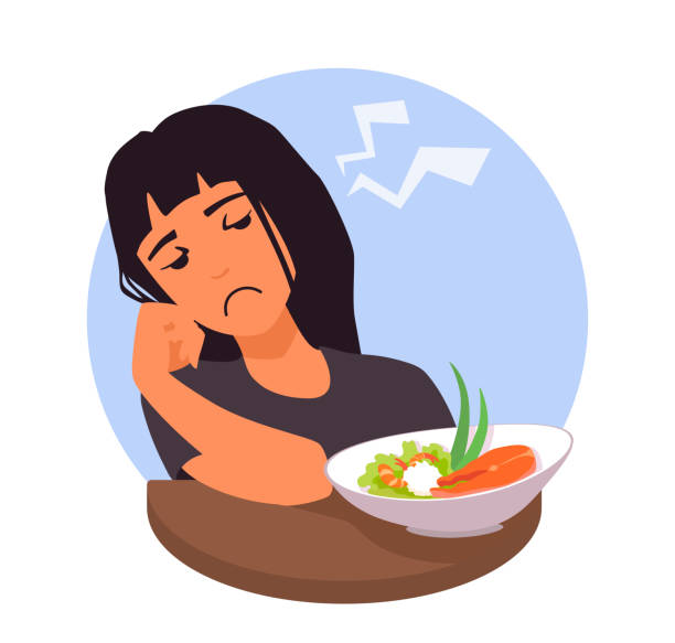 ilustrações de stock, clip art, desenhos animados e ícones de eating disorder. a girl with no appetite for food. a woman not hungry, hate fish, seafood. refusing to eat. a teenager disgust by meal. - anorexia