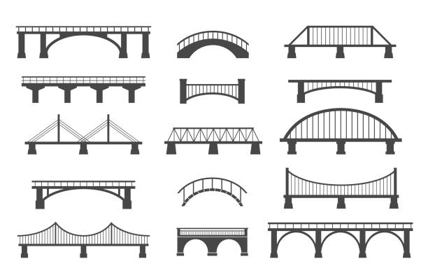 illustrazioni stock, clip art, cartoni animati e icone di tendenza di set di ponti diversi. isolato su sfondo bianco. bianco e nero. - ponte
