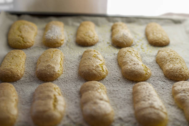 homemade italian savoiardi biscuits, ladyfingers, on a backing tin