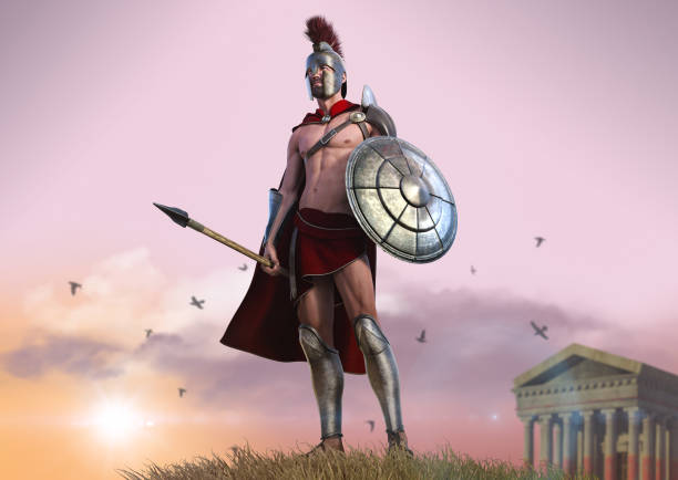 Heroic Spartan warrior with body armor Heroic Spartan warrior with body armor standing in fron of a ancient temple, 3d render. sparta greece stock pictures, royalty-free photos & images