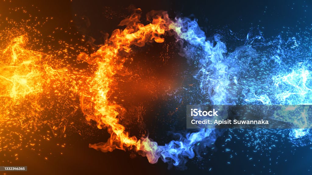 Fire and Ice Concept Design with spark. 3d illustration. Fire - Natural Phenomenon Stock Photo