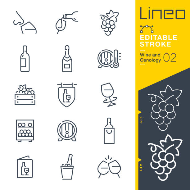 lineo editable stroke - ikony linii wina i oenologii - champagne champagne flute pouring wine stock illustrations