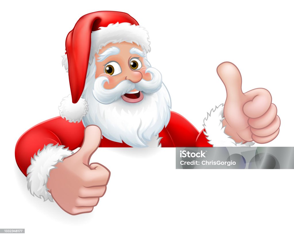 Santa Claus Christmas Peeking Thumbs Up Cartoon Santa Claus Christmas cartoon character peeking over a sign giving a double thumbs up. Christmas stock vector