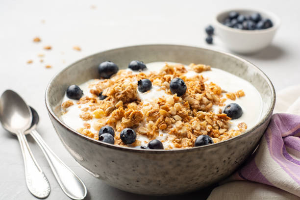 istock Yogurt with granola and blueberries in bowl on concrete background 1332351622