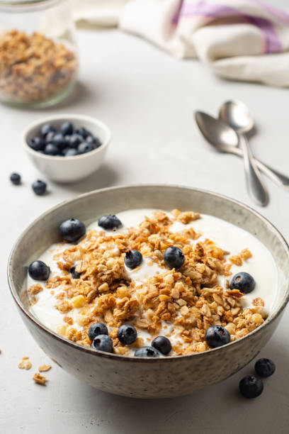 istock Yogurt with granola and blueberries in bowl on concrete background 1332351624