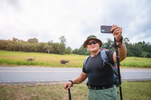 Photo of Tourists take a selfie with deer grazing in a tropical forest in Khao Yai National Park, Thailand.