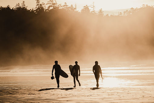 A group of surfers head out to catch the evening swell