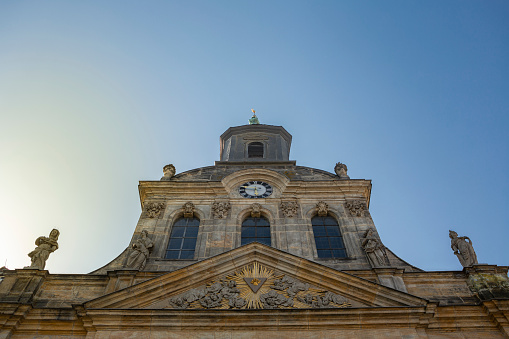 On July 18th, 2021, the top of the Spital Church in Bayreuth, Germany. An evangelical-lutheran place of worship that was built between 1748 and 1750. Initially and for a long time, part of it was used as the main city hospital.