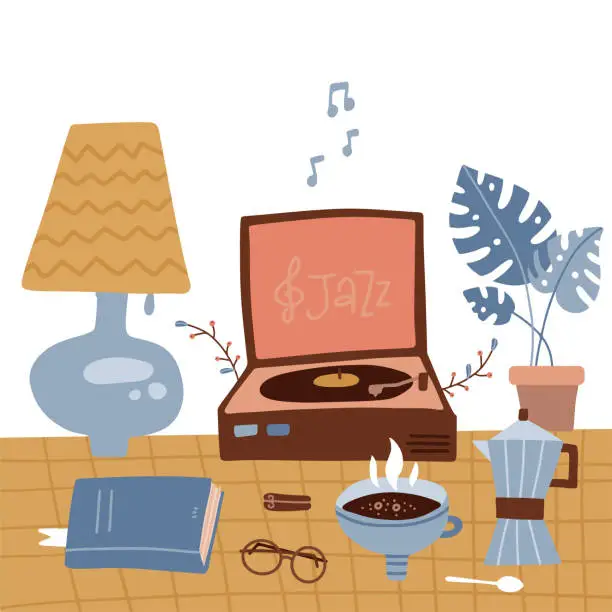 Vector illustration of Winter cozy types of retro rest - vinyl records, book reading by the lamp, tea. A phonograph stands on a checkered tablecloth. Table with potted plant and turntable for vinyl record player