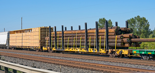 Train cars loaded with plywood and telephone poles in Beaverton, Oregon, USA.