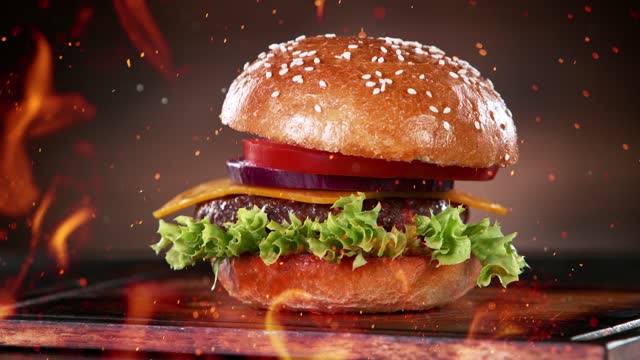 Beef Burger Ingredients Falling and Landing in the Bun