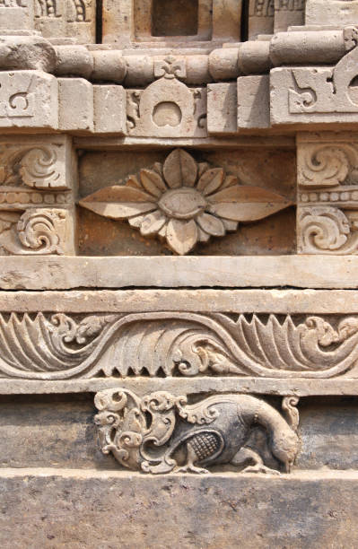 istock Ancient stone ornament with flower and peacock, India 1332362184