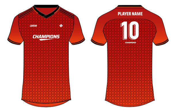 istock Sports t-shirt jersey design concept vector template, Checkered pattern v neck Football jersey concept with front and back view for Soccer, Cricket, Volleyball, Rugby, tennis, badminton uniform kit 1332362852
