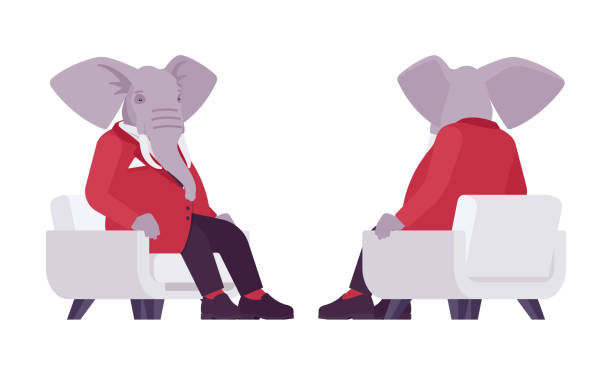 illustrations, cliparts, dessins animés et icônes de homme éléphant, monsieur élégant, tête animale humaine assise dans un fauteuil - zoomorphic