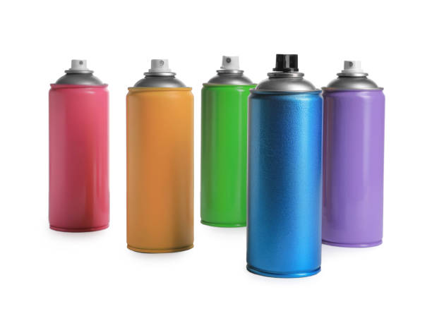 istock Cans of different spray paints on white background. Graffiti supplies 1332364148