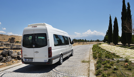 Cappadocia, Turkey 12.07.2021:White intercity bus Volkswagen Crafter on the road in Turkey.